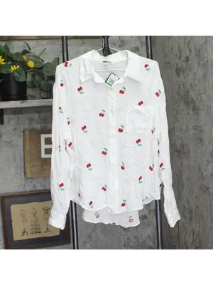 NWT Miken Cherry Embroidered Button-Down Cover-Up Shirt I2992PUXH White Multi L thumbnail 5