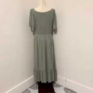 JODIFL PinkBlush Green Smocked Ruffle Midi Dress Sz L thumbnail 3
