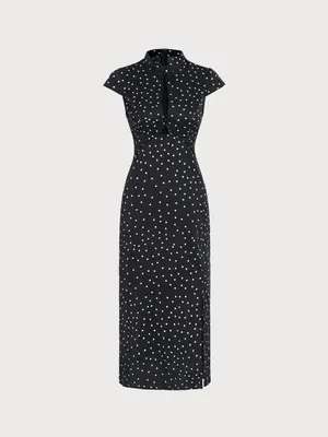 Rihoas Black Mandarin Collar Polka Dot Midi Dress thumbnail 7