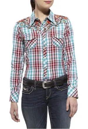 ARIAT Maria Plaid Shirt Embroidered Pearl Snaps Western XL NEW thumbnail 1