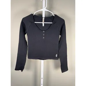 FP‎ Movement Free People Bail Out Long Sleeve Henley Open Back Top Black M/L thumbnail 3