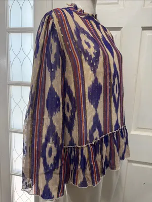 Oliphant Silk & Cotton Purple Ikat Ruffle Hem Long-Sleeve Top Size Large💜 thumbnail 10