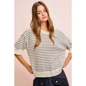 BiBi Stripes Short Sleeves Rib Banded Outseam Knit Top‎ - Cream/Grey - Medium thumbnail 13