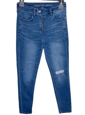 American Eagle distressed exposed zipper super hi-rise jegging crop jeans sz 4 thumbnail 1