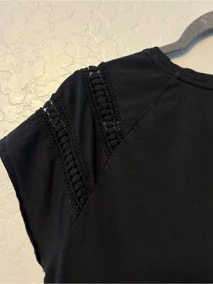 LOFT black short sleeve shirt with crochet and fringe tassel details size medium thumbnail 13