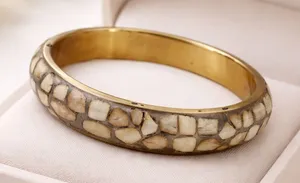 VTG Bone Mosaic Brass Bangle | African Statement Bracelet | Handmade Bone Inlay Brown thumbnail 1