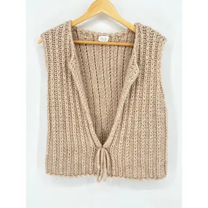 LE LIS Beige Chunky‎ Cable Ribbed Knit Sweater Vest Medium Tan Open Front Tie thumbnail 3