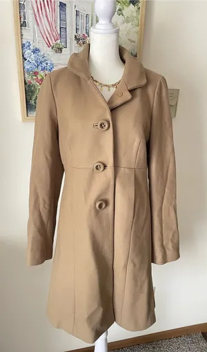 J. Crew Vintage Y2K Wool Blend Long Trench Coat Jacket Size 6 Camel Tan thumbnail 1