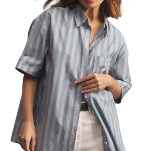 Anthropologie Lilac & Green Stripe Short Sleeve Button Up Shirt Womens XS Cotton thumbnail 1