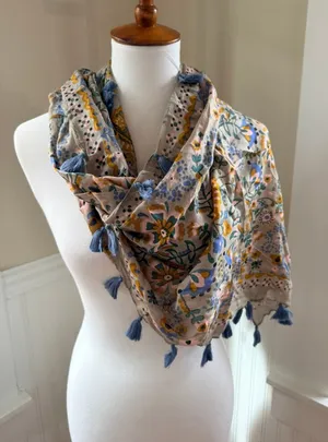 Natural Life Floral Tassel Scarf Lightweight Rayon Gauze Wrap Multi Blue NWT OS thumbnail 1