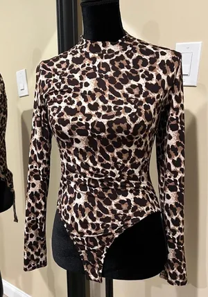 Mock Neck Slim Fit Bodysuit Blouse Top Tee Long Sleeve Animal Print Leopard Stir thumbnail 1