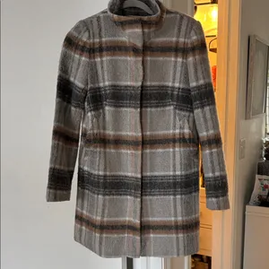 LOFT Plaid Wool Blend Funnel Neck Coat Gray Brown XS thumbnail 2