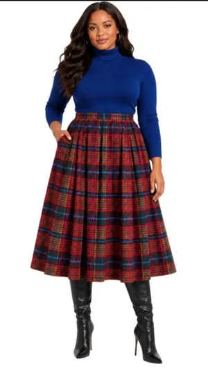 Vintage Schadder 100% Wool Tartan Plaid Pleated Midi Skirt Size 14 Red Green thumbnail 1