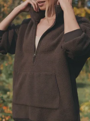 Pilcro Anthropologie Half Zip Sherpa Fleece Pullover Chocolate Brown XL NWT thumbnail 1