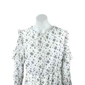 Sharon Max White Floral Long Sleeve Ruffle Tie Neck Tiered A Line Midi Dress M thumbnail 2