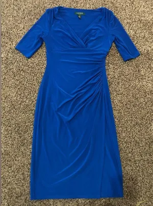 Lauren by Ralph Lauren Rusched Faux Wrap Dress in Blue. Size 2 thumbnail 2