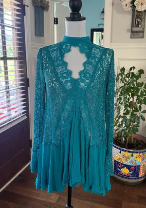 Free People NWOT Elegant Teal Lace High-Low Tunic thumbnail 1