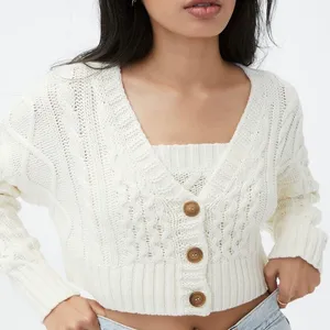 NWT Aeropostale Oversized Cable Knit Cropped V Neck Cardigan Sweater Cream XL thumbnail 2