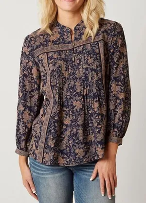 LUCKY BRAND Top Blue Pink Floral Pin-tucked Front Boho 3/4 sleeve shirt size‎ M thumbnail 1