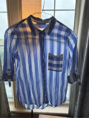 Soft Surroundings Light Blue and White Vertical Stripe Button-Down Shirt thumbnail 4