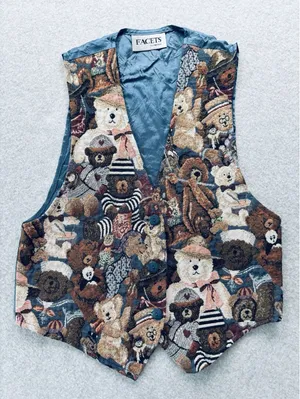 Vintage Facets Teddy Bear Tapestry Vest Small 90s Boho Cottagecore USA Made thumbnail 1
