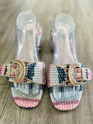 Steve Madden New York Blythe Sandal W/Buckle, Raffia Colorful Pattern Size 10 thumbnail 1