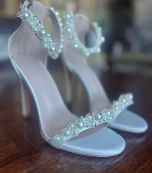 Amazon yowmns White Women's Heeled Sandals Pearl Decoration Open Toe Stiletto Heels Wedding Sexy Back Zipper Cover Pumps Evening Party Shoes Handmade Elegant High Heels Summer thumbnail 5