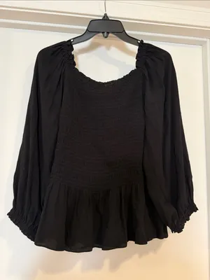 Ann Taylor Black Smocked Peplum Blouse thumbnail 6