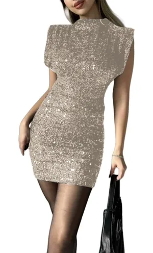 NWOT Champagne Glitter Sequin Mock Neck‎ Bodycon Mini Dress Small thumbnail 1