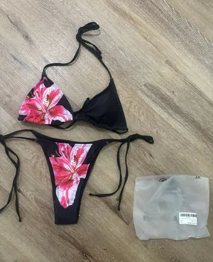 Black Floral String Bikini Set with Pink Lily Print thumbnail 1