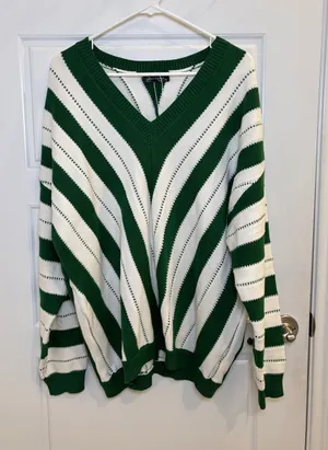 PrettyGarden XXL Green Cream Striped Oversized V Neck Sweater thumbnail 1