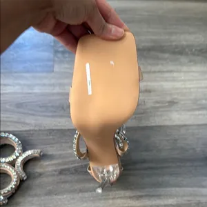 Azelia Wang Tan Stiletto Sandals 9 Nude Embellished PUT A RING ON IT Sexy Heels thumbnail 11