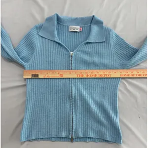 Hello Molly Light Blue Ribbed Knit Zip Up Cardigan Sweater XL US 10 Collar thumbnail 6