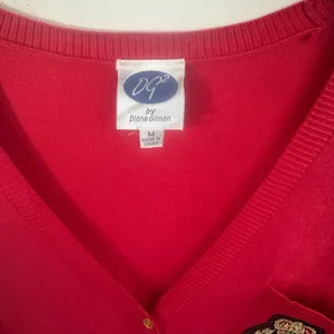 DG2 by Diane Gilman Red Long V-Neck Cardigan with Crest Patch thumbnail 2