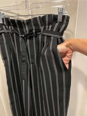 Cute classic flowy stripe paper bag waist belted pants wide leg Express office thumbnail 6