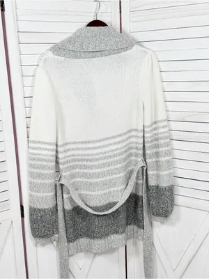 St. John's Bay Stripe Colorblock Shawl Collar Belted Cardigan Sweater Grey White thumbnail 8