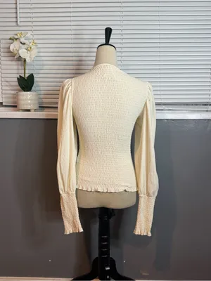 Anthropologie Ivory Smocked Puff Sleeve Peplum Top Small thumbnail 6