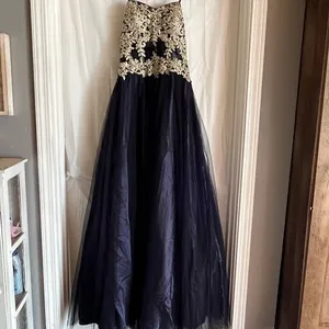 Blondie Nites Gown Juniors‎ Size 9 Navy Long Mesh Gown Corset Style Gold Prom thumbnail 11
