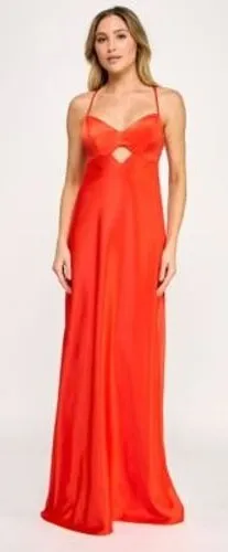 Seni & Cade Maxi Dress Women Small Tomato Red Satin Lace Up Back Gown 24S7EX3ATP thumbnail 1