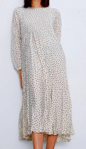 Zara Dress Cream Black Polka Dot Midi Long Sleeve Empire Waist Oversized Size S thumbnail 1