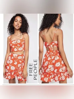 Free People Orange Floral set with tie-Back Cami Top and ruffled mini skirt, xs thumbnail 2