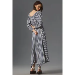 NWT!! By ANTHROPOLOGIE Long Sleeve Sweetheart Midi Dress Blue White Striped XS thumbnail 8