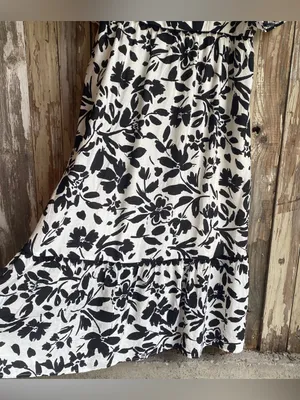 Perch black white floral print puff sleeve tiered flowy maxi dress summer 1X thumbnail 7