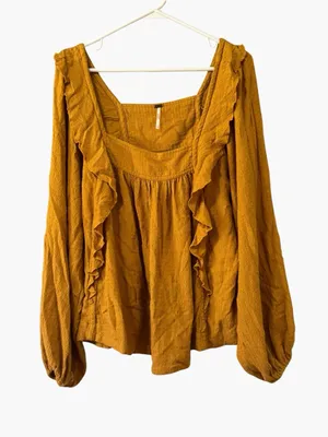Free People Bonnie Ruffle Square Neck Peasant Top Women Sz Large Buttery Yellow thumbnail 1