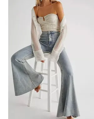 Free People Just Float On Super Flare Mid Rise Jeans Sea Mist Light Wash Size 24 thumbnail 13