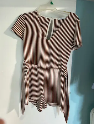 ZARA Trafaluc Brown & White Striped V-Neck Short Sleeve Romper Playsuit thumbnail 1