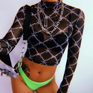 Women Mesh Tee Shirt Femme Long Sleeve Top thumbnail 3