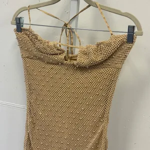 Oh Polly Pearl Embellished Fishnet Mini Dress Tan Halter Bodycon US 4 Beach thumbnail 4