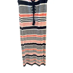 Talbots Womens Striped Lace Up‎ V-Neck Maxi Dress Navy Coral White Sleeveless XS thumbnail 3
