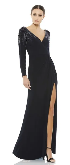 Leena Mac Duggal Long Sleeve Jersey Wrap Gown‎ Dress Embellished V Neck Midnight thumbnail 1